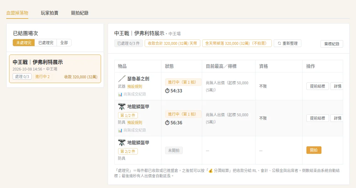 競標管理：中王戰掉落的瑟魯基之劍、地龍鱗盔甲正在拍賣中，顯示倒數與起標價